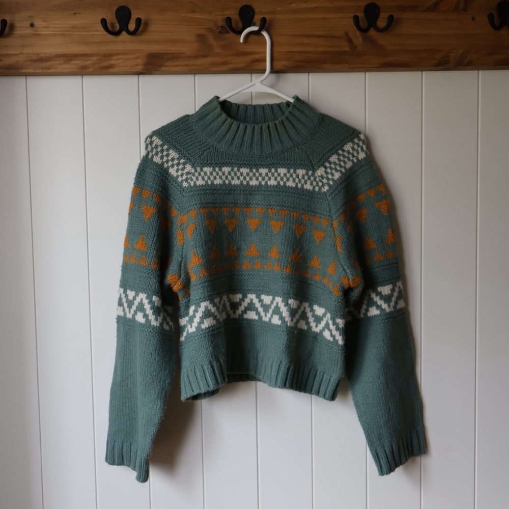 Universal Threads Fair Isle Nordic Teal and Orange Patterned Turtleneck Sweater